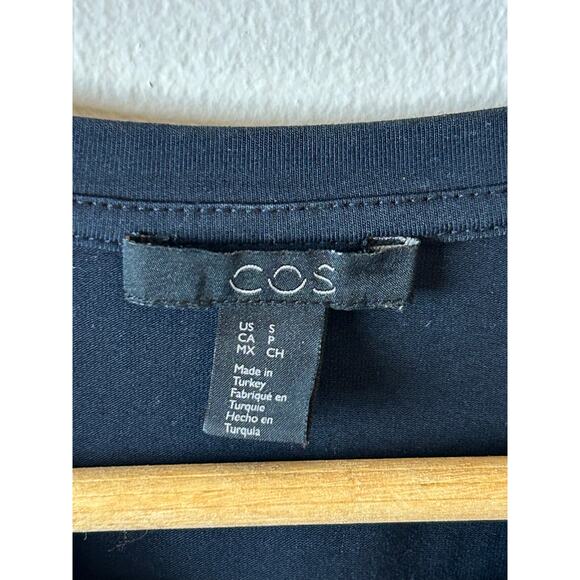 COS Navy Blue Jersey Net Short Sleeve Plaid Bottom Shift MIDI Dress Size Small - Picture 2 of 4